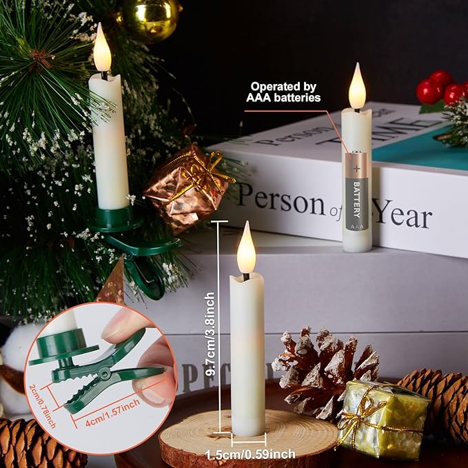 IMAGE 24Pcs LED Taper Candles Light Set Floating Effect with Fishing Line Flameless 3D Wick Ivory Candles with Clip-on Christmas Tree Design, 10-Key Remote with Timer, Warm White Light