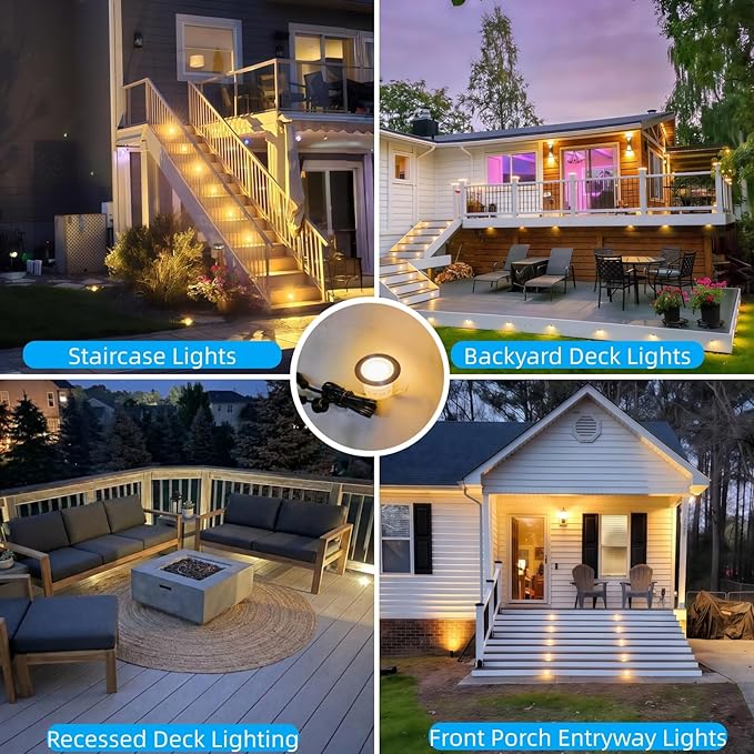 20 Pack Dimmable Recessed Deck Stair Lighting All-in-one with Timer Photocell Sensor Transformer Low Voltage LED Step Riser Lights IP67 Waterproof φ1.26 12V Warm White Patio Kit Decorations
