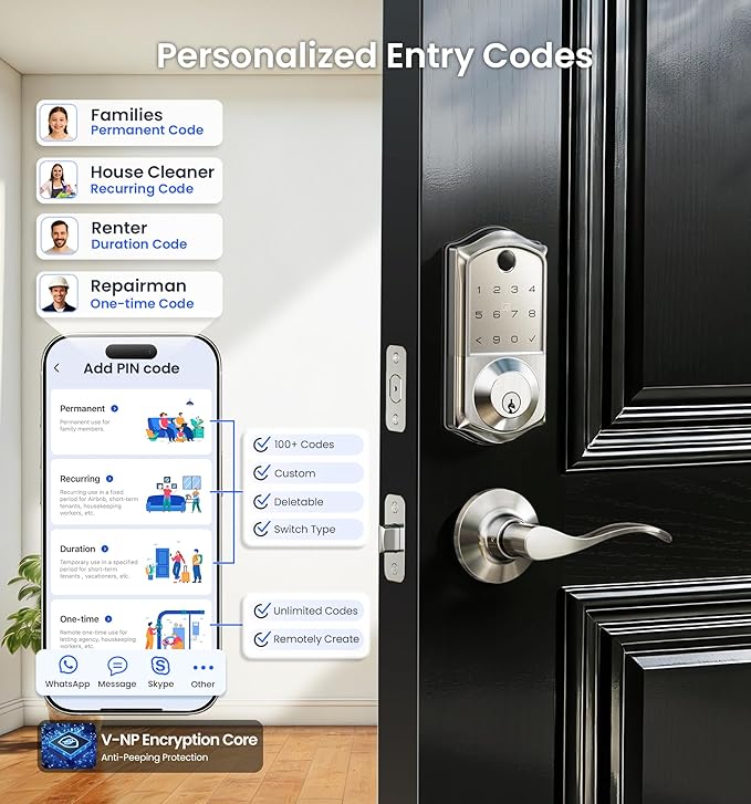 Veise VE017-L Fingerprint Smart Lock with Lever Handles, App Control, Keyless Entry Front Door Lock Set, Electronic Digital Keypad Deadbolt, Remote Grant, Emergency Power Port, Auto Lock, Satin Nickel