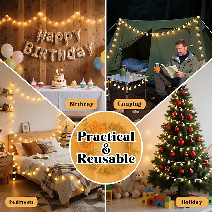String Lights for Bedroom, 200 LED Globe Plug in Fairy Lights, 66FT Connectable Warm White Twinkle Lights with 8 Lighting Modes, Cozy Bed & Wall Decor, Waterproof for Outdoor Use