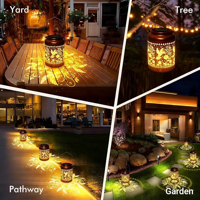 Hummingbird Solar Lanterns Outdoor Garden Decor Solar Lights Waterproof Hummingbird Decorative Hanging Metal Lights Gardening Gifts for Women Mom Grandma Outside Yard, Patio, Backyard, Farm