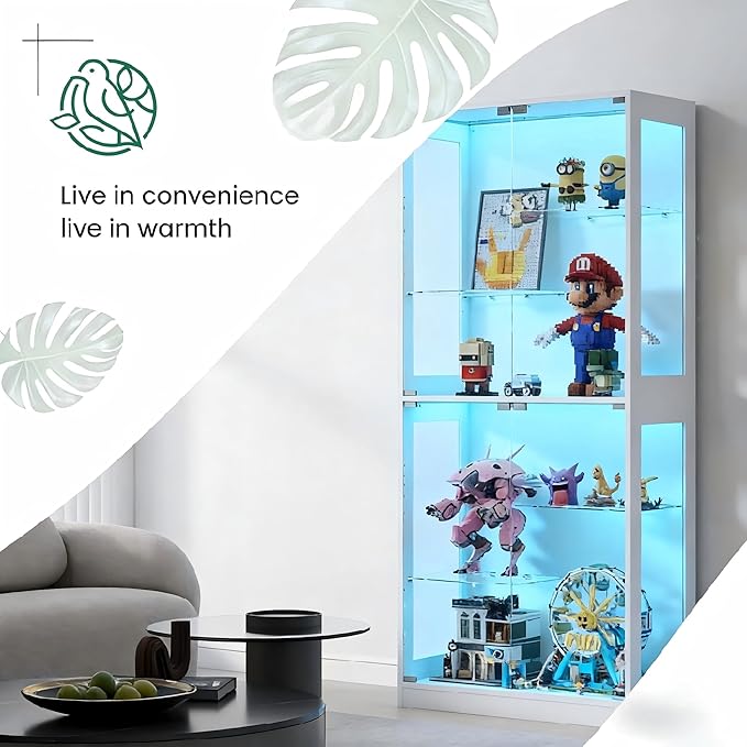 69-Inch Glass Display Cabinet - Adjustable Shelves Display Case, Curio Cabinet with RGB Lighting, for Game Room, Living Room, Bedroom, White
