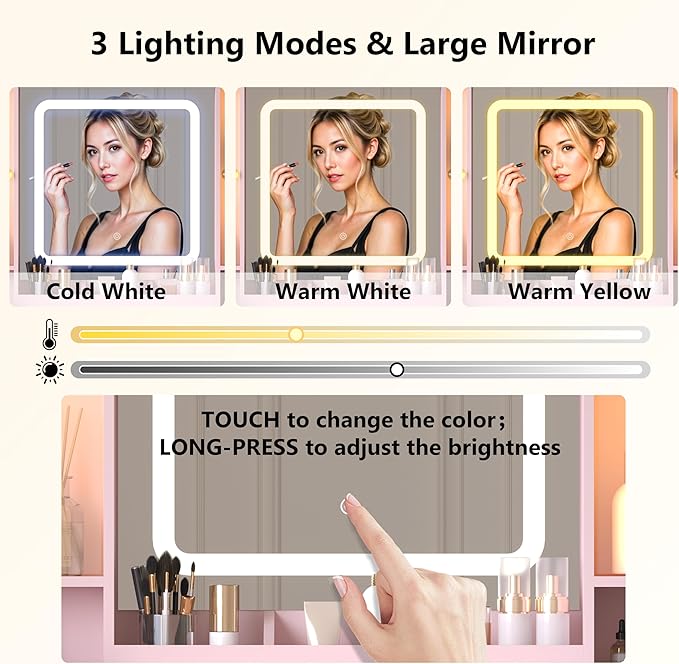 Pink Makeup Vanity Desk with Mirror & Lights, Modern Vanity Table with Charging Station, 7 Drawers, Glass Cabinet, Adjustable Shelves, Bedroom Dressing Table Set for Women & Girls