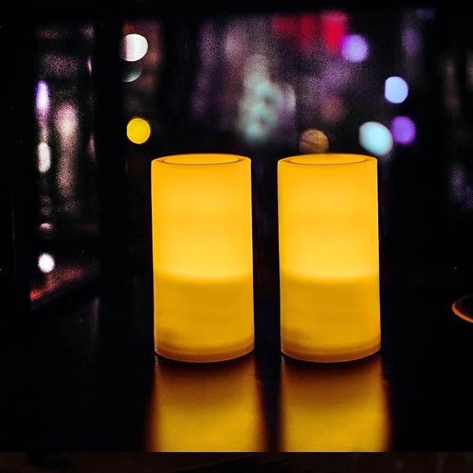 CANDLE CHOICE Outdoor Battery Operated Flameless Candles with Remote Timer Waterproof Flickering Plastic Electric LED Pillar Lights for Lantern Patio Garden Wedding Party Decorations D3”xH6” 2 Pack