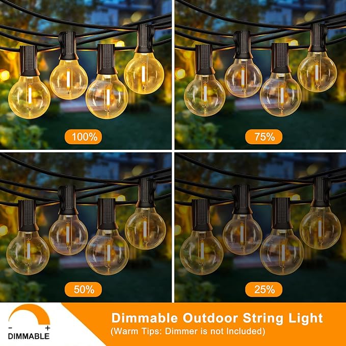 Outdoor String Lights, LED Patio Hanging Lights with Waterproof G40 Globe Plastic Bulbs for Outside Backyard Porch Garden Cafe Decor (25ft - 14 LED Bulbs)