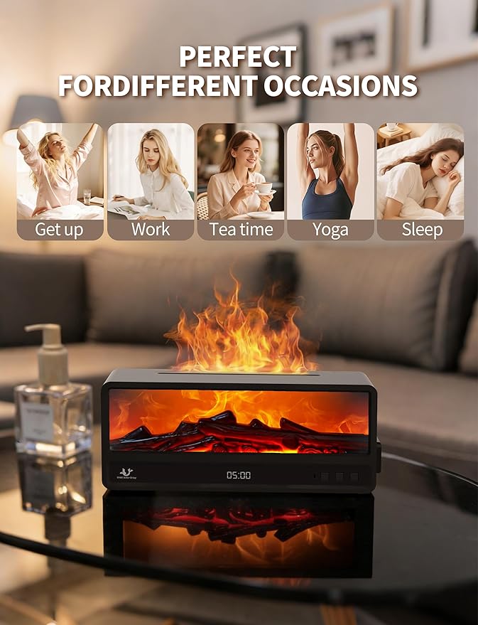 Fireplace Essential Oil Diffuser with Realistic Flame Effect, 250ML Aroma Diffuser, 7 Color LED Lights, Remote Control, Quiet Mist for Bedroom Home Office (Black)