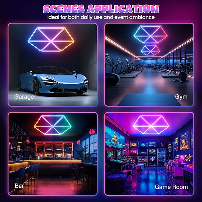 Hexagon Garage Lights RGB - Music Sync Mode with 358 Dynamic Colors, Wireless APP，Voice Control for Man Caves, Game Rooms, Bars