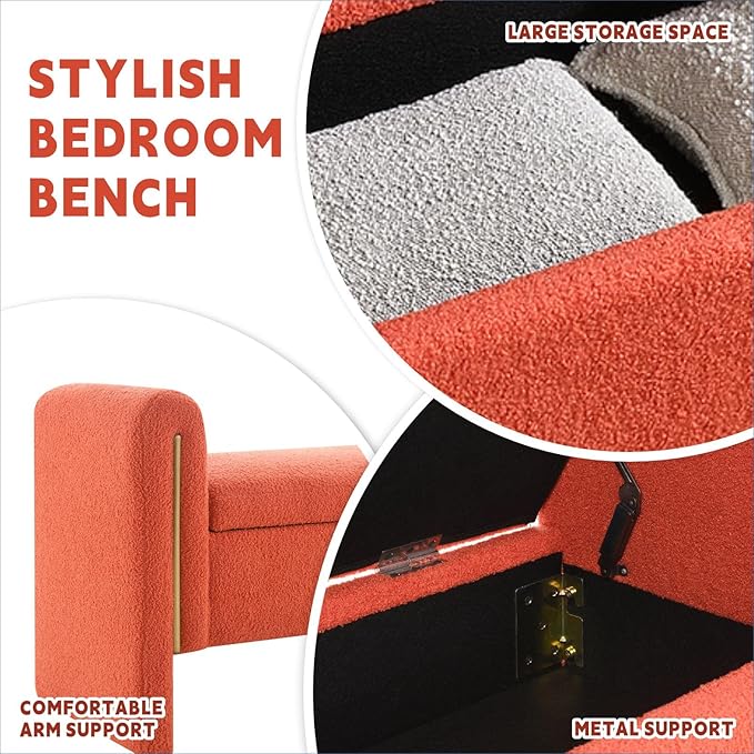 Modern 52" Storage Ottoman Bench, Upholstered End of Bed Storage Bench with Armrests, Entryway Bench, Teddy Foot Rest Stool for Living Room Hallway Bedroom (Orange)