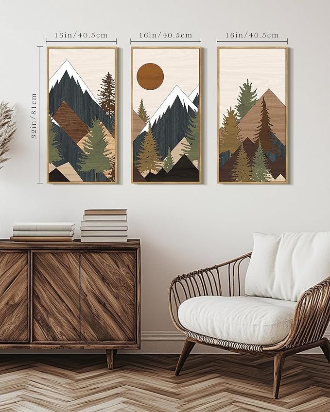 KUVIOKE Huge 16x32in Wooden Mountains Range Landscape Wall Art Framed Tree Nature Wall Decor Farmhouse Rustic Prints Kitchen Living Room Ready to Hang Natural Framed