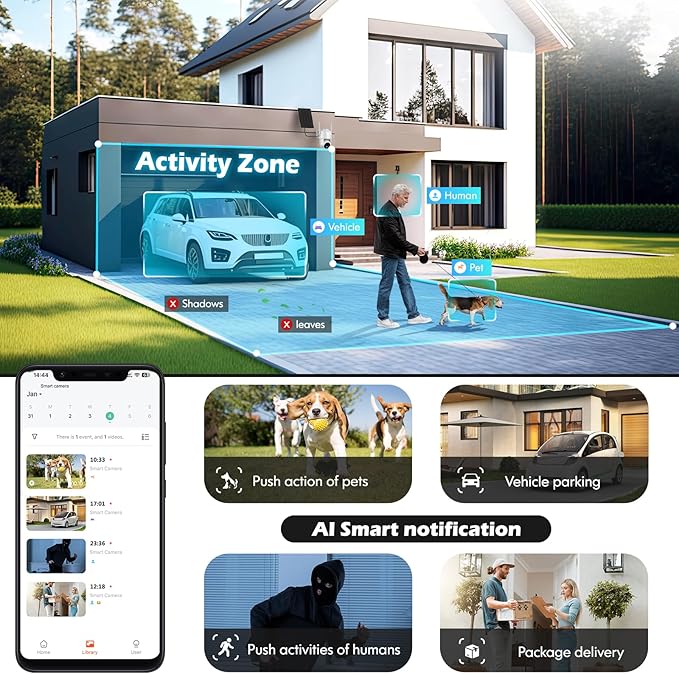 2Packs Solar Security Outdoor WiFi Camera, Pan Tilt 355° View IP65 Waterproof Rechargeable Wireless Battery Powered 2K 3MP PTZ Camera with PIR, Color Night Vision,2-Way Talk, 4dbi Antenna