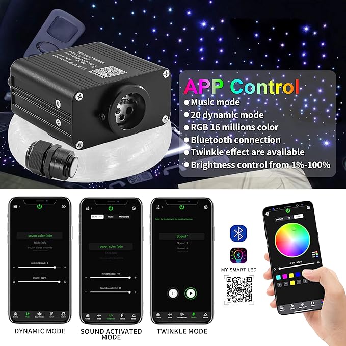 Starlight Headliner Kit 550pcs 0.03in 13.1ft, 16W Twinkle Small Size Fiber Optic Star Lights for Car Roof Decor with APP/Remote Control