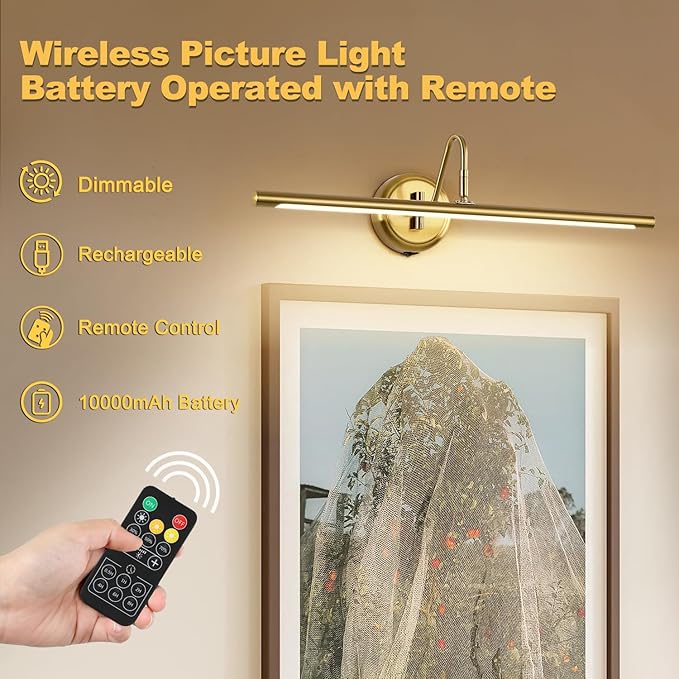 JOOSENLUX Battery Operated Picture Lights Modern Wireless Wall Lights 24.4" Inch Dimmable Under Counter Lights for Kitchen with Swing Arm as Canvas Wall Sconce Light Brass 3000K CRI95+