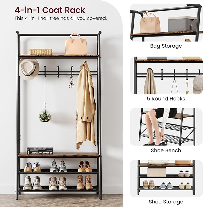 Jojoka 31" Coat Rack, Hall Tree with Shoe Bench and Storage, 4-Tier Shelf with 5 Hooks, Freestanding Metal Entryway Organizer for Hallway, Accent Furniture for Bathroom