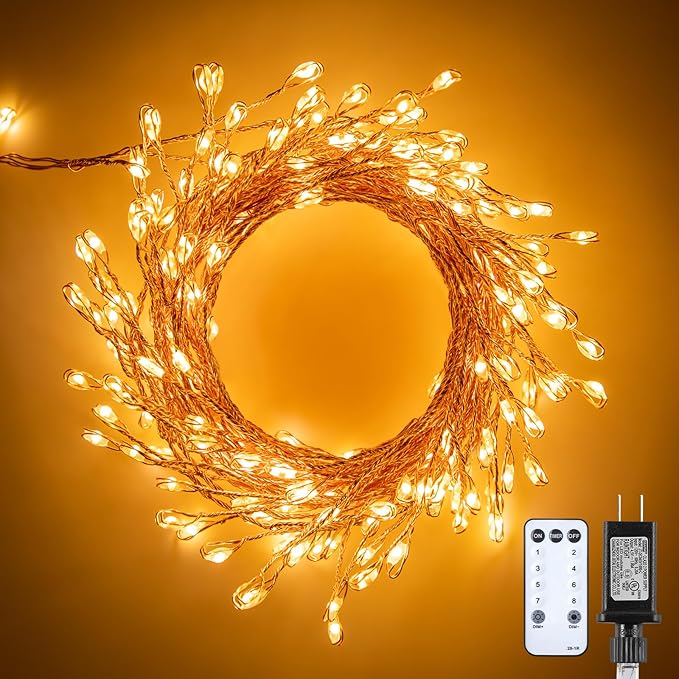 Fairy Lights Plug in, 10Ft 200LED Firecracker Firefly Lights, 8 Lighting Modes, Waterproof Copper Wire Cluster String Lights for Ceiling Bedroom Window Christmas Tree Decoration, Warm White