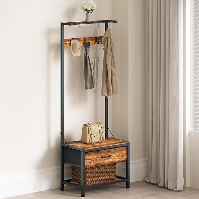 LUMTOK Hall Tree with Shoes Bench, Small Coat Rack with Fabirc Drawer and Shelf for Bedroom, 4-in-1 Entryway Organizer with Shoes Stool for Living Room, Entryway, Closets (Rustic Brown) (Brown, Small)
