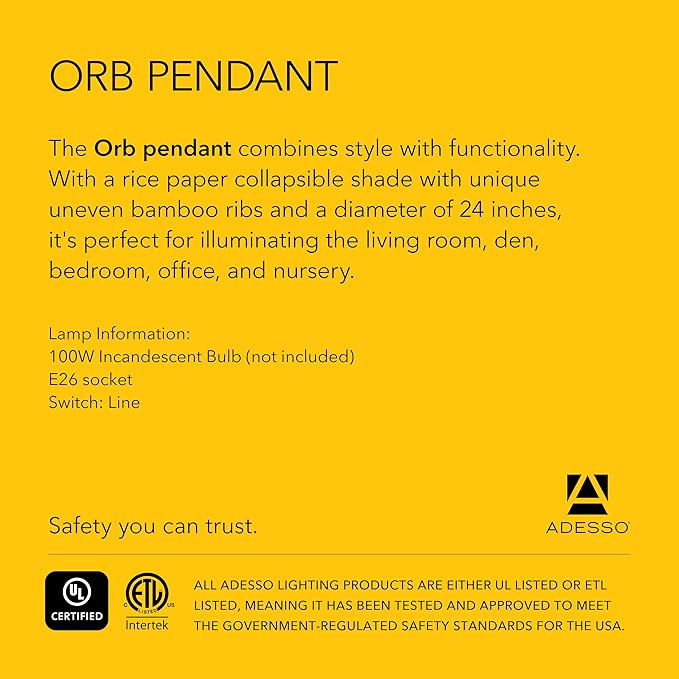 Adesso Orb Large Pendant with Collapsible Rice Paper Shade – 15ft Cord, 24” Diameter – Stylish Ceiling Lighting
