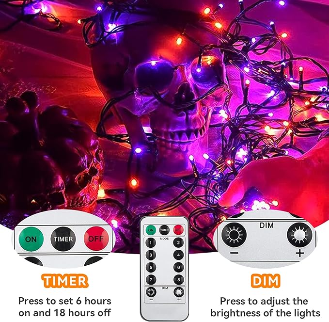 ITICdecor 33ft 100 LED Halloween Lights, Purple & Orange Halloween String Lights Waterproof Battery Operated, 8 Modes Decorative Lights for Indoor Outdoor Party Garden
