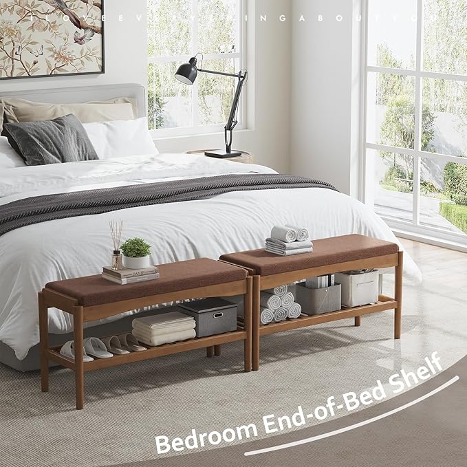 Shoe Bench Entryway Bamboo 2-Tier Shoe Rack with Cushion Padded Seat Shoe Bench Organizer Stable for Hallway, Living Room, Bedroom (31.5 * 11.4 * 16.5IN, Brown-Brown)