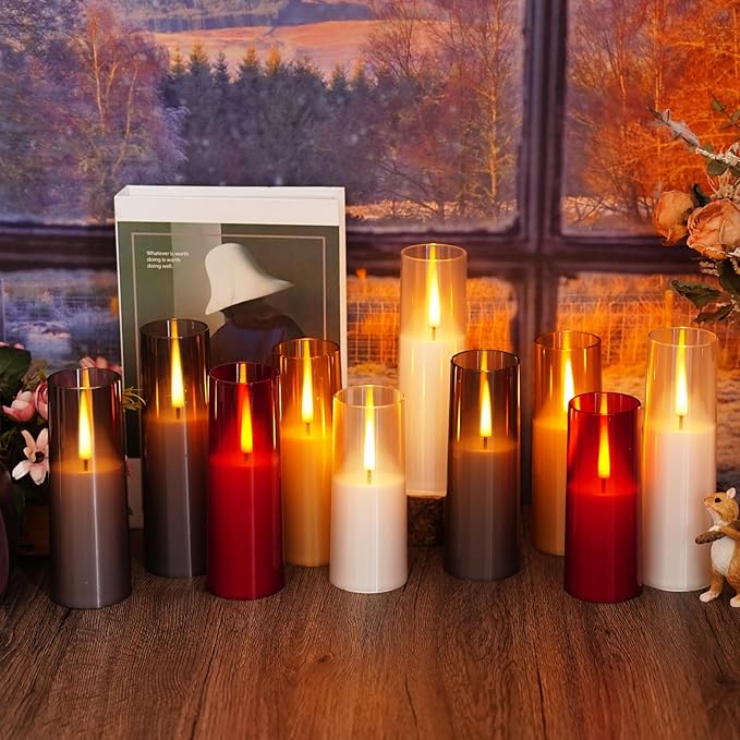 Flickering Flameless Candles,Battery Operated, Flameless Candles with Remote, 2/4/6/8 Hour Timer, Realistic Jumping Flame Effect, Perfect for Home Decor, Holiday Decoration Pcs 9 (Grey)