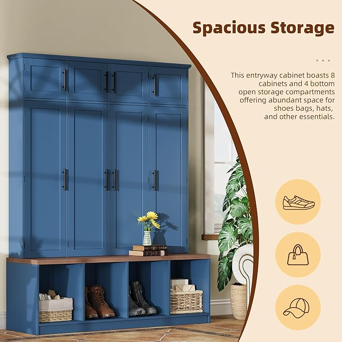 Hall Tree with Bench and Shoe Storage Compartments for Entryway, Particle Board Multi-Functional Cabinet with 4 Hanging Hooks, Blue