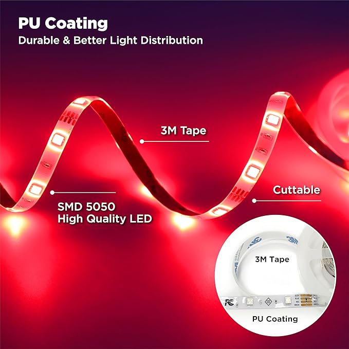 LED Strip Lights, 16.4FT / 5M RGB Light Strip with Remote & Power Supply, PU Coating ETL 12V DC Adapter Color Changing Strip Lights for Bedroom, Kitchen, Monitor, TV, Home Decor
