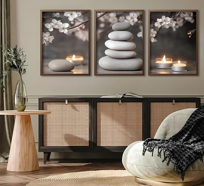 ZHJIOFXG 3 Piece Zen Canvas Wall Art Stacked Stones Cherry Blossom Candle Spa Wall Decor Calming Minimalist Neutral Poster Print Art for Bathroom Bedroom Yoga Room Office Living Room 12x16in Unframed