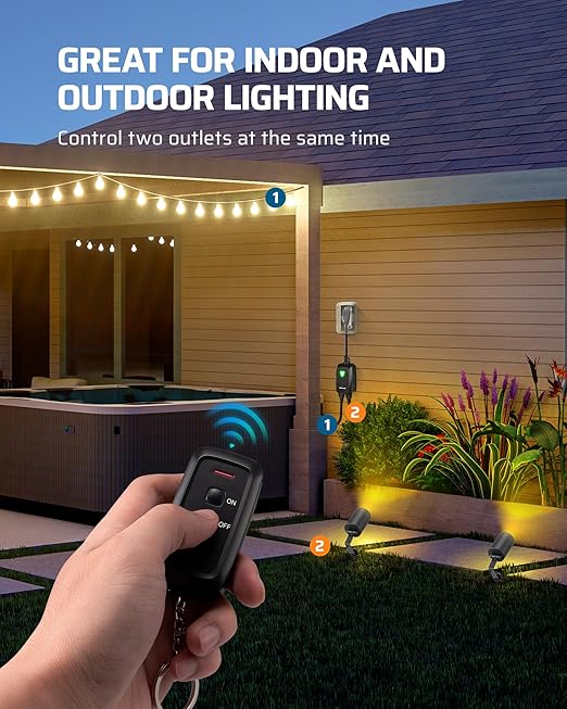 DEWENWILS Outdoor Remote Control Outlet, Weatherproof Wireless Electrical Plug in Light Switches, 7" Extension Cord,15 AMP, 100 FT Range, ETL Listed, 1 Remote 3 Outlets for Lamp/Lights/Fans