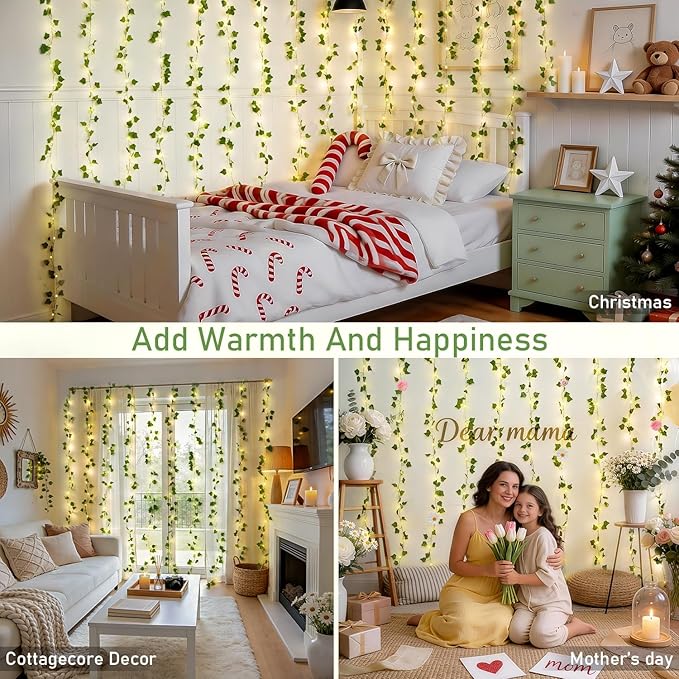 JMEXSUSS Vines Lights for Bedroom, 200 LED Vines Fairy Lights, Artificial Ivy Leaf Light for Wall Curtain Wedding Party Christmas Indoor Decor, 6.5ft x 6.5ft with Remote