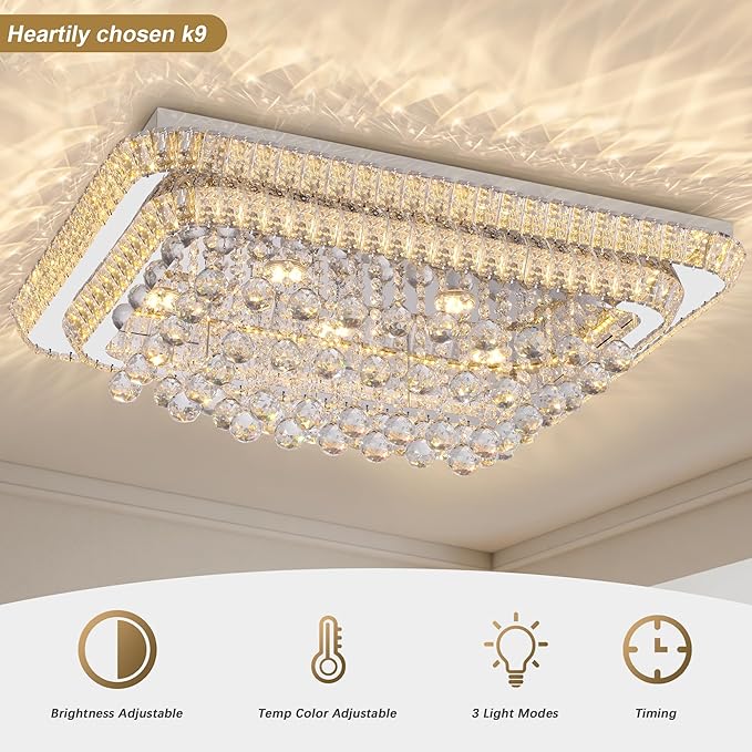 32 inch Crystal Flush Mount Chandelier, Modern Raindrop Crystal Silver Chandeliers with Remote and APP, 3 Colors Temp & Brightness Adjustable, Ceiling Light for Bedroom Hallway DiningRoom Living Room