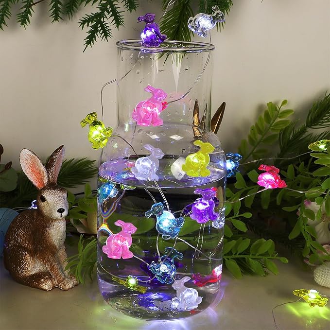 WATERGLIDE 2 Pack Easter Decorative Lights, 16FT 50LED Each Colorful Bunny String Fairy Lights, Battery Operated Rabbit Shaped Lights, 8 Modes & Timer, Waterproof Indoor Outdoor for Easter Party Home