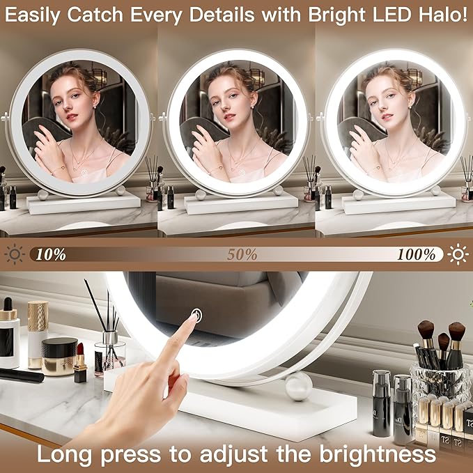 ROLOVE 13 Inch Vanity Mirror with Lights, Round Make Up Mirror with Lighting, LED Mirror Makeup Mirror with Lights for Bedroom Tabletop, Smart Touch Control, 360° Rotation (White)