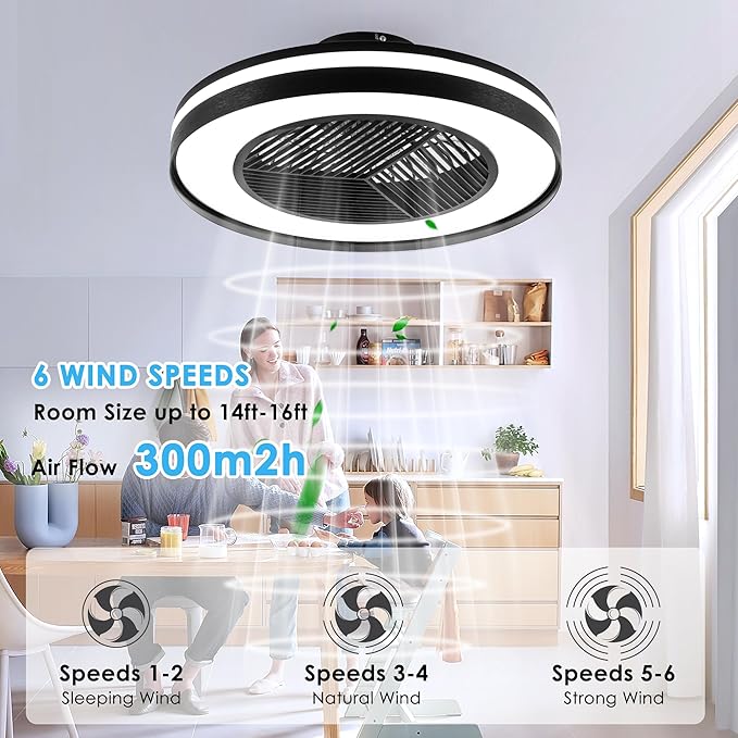 Smart Low Profle Ceiling Fans with RGB Lights Remote/APP/Voice Control, 20" Bladeless Ceiling Fans with 6 Speeds, Timer, Quiet DC Motor, Ceiling Fan with Light for Kids Bedroom/Living Room