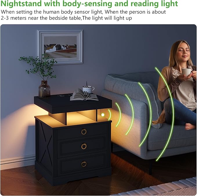 HNEBC Night Stand Set 2 with Gun Drawers, LED Farmhouse Nightstand with Charging Station, Smart End Table with 3 Colors Auto Lights, Bedside tabel with Hidden Compartment,Bedroom Set-Black