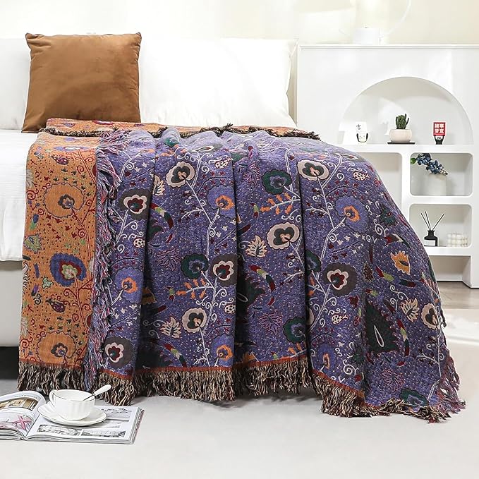 Boho Fall Throw Blanket for Bed Purple Flowers，100% Ultra Cotton Soft Breathable Bed Throw Floral Printed Farmhouse Decor Rustic Bed Throws for Couch Sofa Quilt 80" x 90"