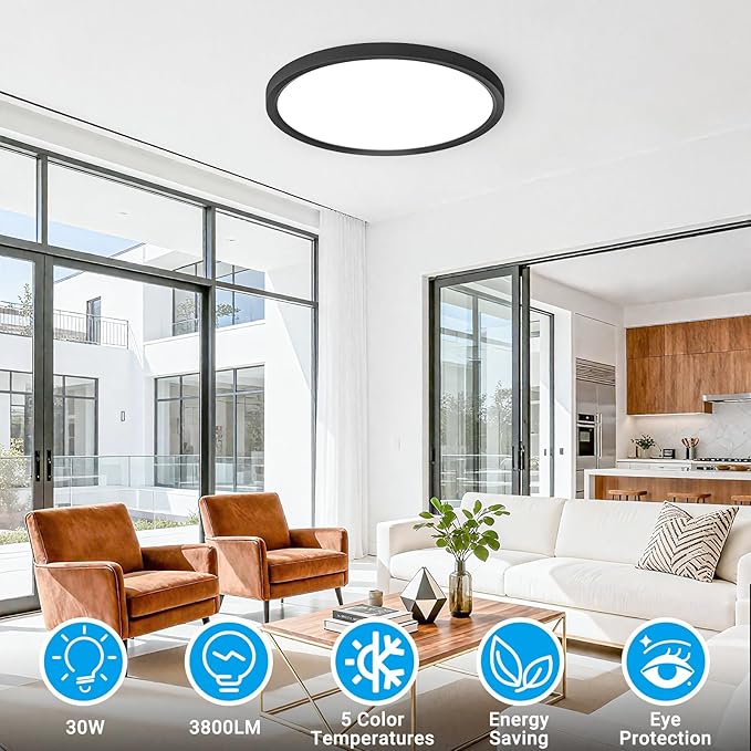 LED Flush Mount Ceiling Light,15Inch 30W,3000K/3500K/4000K/5000K/6500K 5 Color Temperatures Ceiling Light Fixture for Kitchen Porch Hallway Bedroom Bathroom and Closet,Black