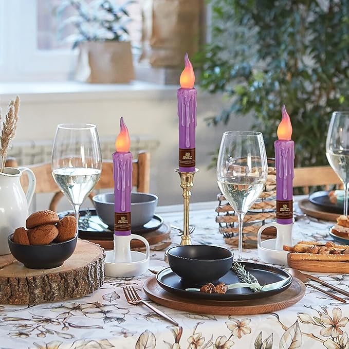 Purple Flameless Short Taper Candles, Real Wax Hand Dipped LED Battery Operated with Remote, Flickering Flame Lights for Festival Party Home Décor, 6.7 Inch Primitive Flameless Candles, 4PCS