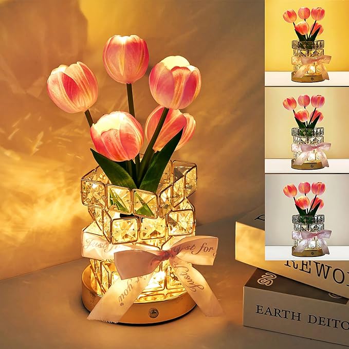 Tulips Flower Lamp,Mothers Day Gifts ,Rechargeable Cordless Touch Night Light for Bedroom Flowers Decor,3-Colors Dimming Crystal Bedside Table Lamps,Birthday Mother’s Day Gifts for Women,Mom,Wife