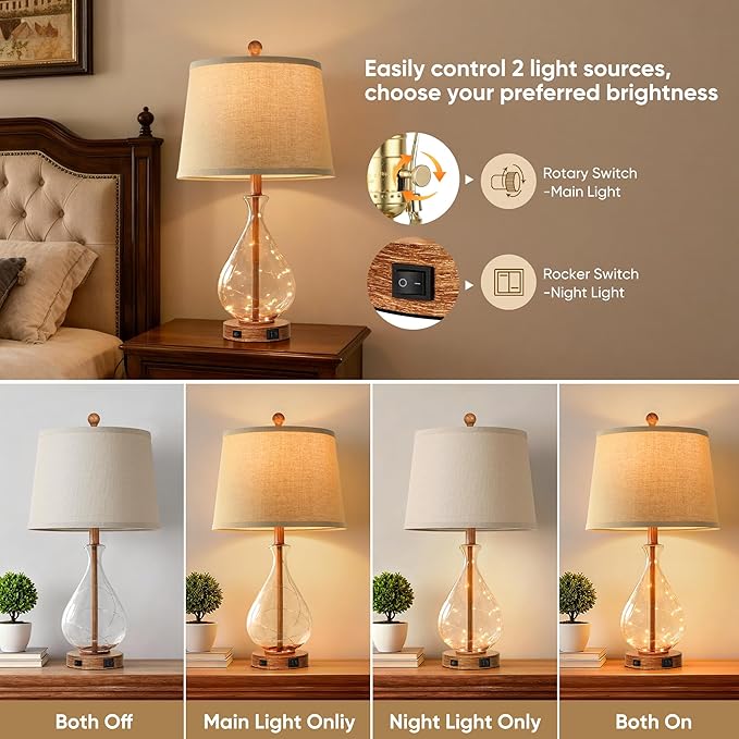 QiMH Farmhouse Table Lamps Set of 2 with Night Light, Mid Century Modern Bedside Lamps for Living Room, Glass Nightstand Lamp with USB A+C Ports, Rustic Vintage Table Lamp for Bedroom, Bulbs Included