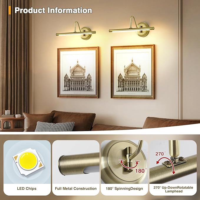 JOOSENLUX Modern LED Picture Lights Fixtures,Art Decor Metal Artwork Mini Accent Spotlights 16.54" Inch,7W(45W Eqv.),Natural White 3000K,Hardwire Swing Arm, Antique Bronze Finish