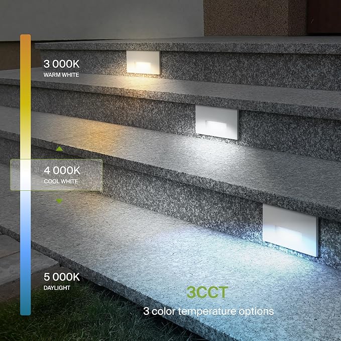 ASD LED Recessed Step Light Fixture, Outdoor & Indoor Stair Tread Lighting | 3CCT, Dimmable, Waterproof, ETL Listed | 3W 120LM 3000K-5000K 120V | Staircase Hardwired Illumination | White, 4 Pack