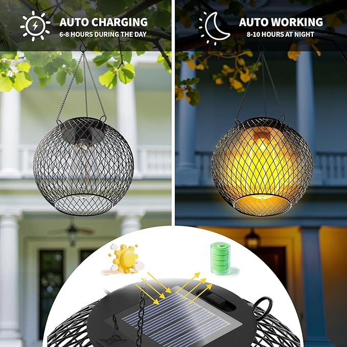 Modern Solar Mesh Globe Pendant Lights, Black Metal Hanging Spherical Lanterns with Edison Bulbs, Chain-Mounted, Indoor Outdoor (Black-4-Pack)