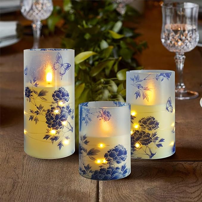 Flameless Candles with String Lights - Set of 3 Chinoiserie Battery Operated Candle Flickering Floral LED Pillar Candles with Timer Remote for Home Decor Romantic Ambiance