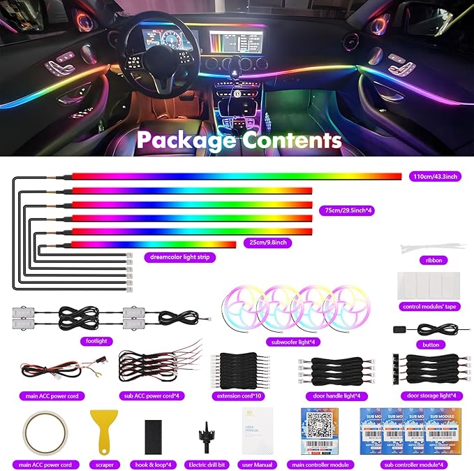 New Version Dreamcolor Acrylic Car Interior Lights 22 in 1 RGB LED Strip Lights APP Control Zoned Control System 252 Color Modes DIY Fiber Optic Ambient Lighting Kits Music Car Neon Light Kits