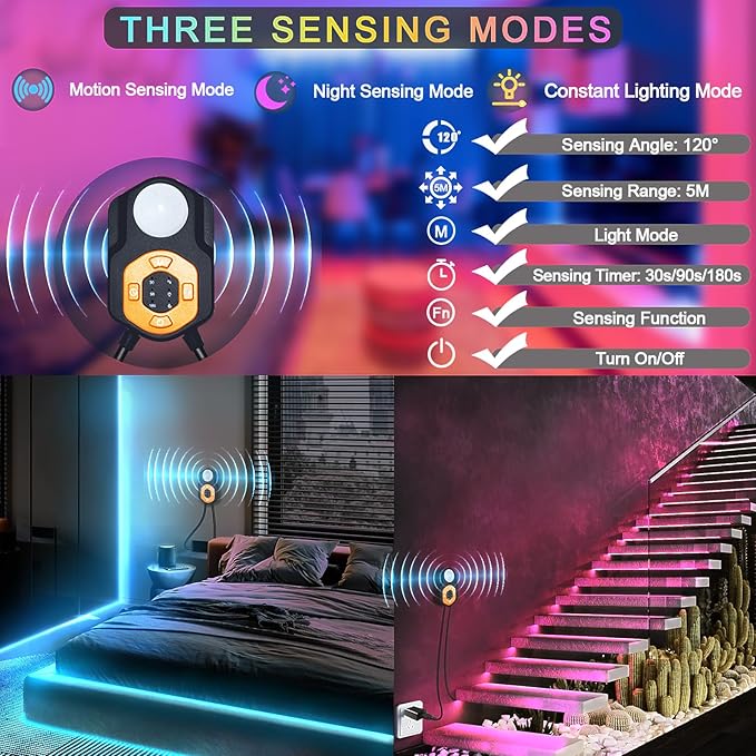 LED Strip Light Motion Sensor Under Bed Lights 2*9.84FT RGB,Remote/APP Control/Dimmable/Music Sync/Auto-Off Timer/Motion Activated Led TV Night Light for Bed Stair Cabinet Party Desk Wardrobe,Decorate