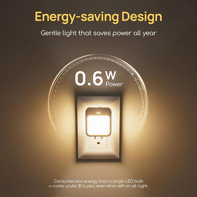 Plug-in Night Light with Motion Sensor, Dusk-to-Dawn Light Sensor, Stepless Dimming LED Night Lights for Bedroom, Hallway, Bathroom, Kids Room, Energy Efficient, 4-Pack