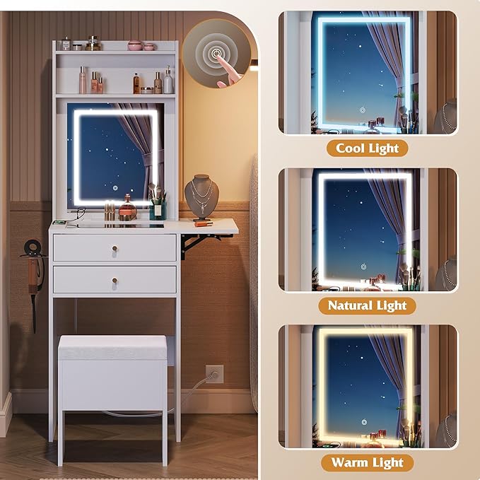 WLIVE Small White Vanity Desk with Mirror and Adjustable Lights, Makeup Vanity Set with Fold-up Panel and Chair, Vanity Table with Charging Station for Small Space, Bedroom