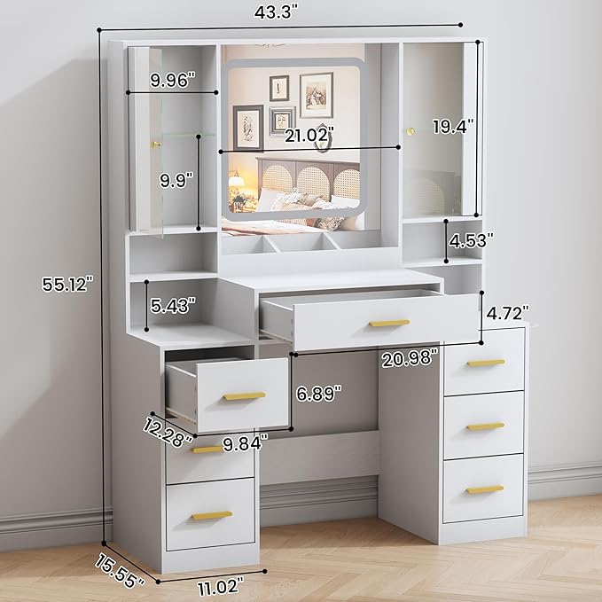 Vanity Desk with Mirror and Lights, Makeup Vanity with 7 Drawers, 2 Glass Door Cabinets, Charging Station, Adjustable Shelves, RGB Lighting, Hair Dryer Holder