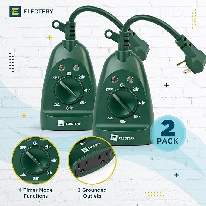 Outdoor Timer Outlet 2-Pack, Green Waterproof Dusk-to-Dawn Plug-in with Light Sensor, 24-Hour Mechanical Countdown, Heavy-Duty 15A UL Listed for Garden, Pool Pump, Holiday Lights