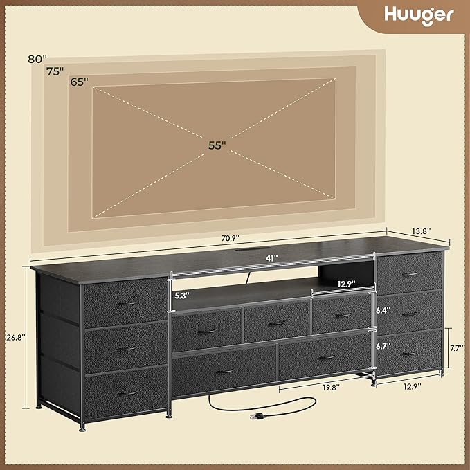 Huuger 70 Inch TV Stand for 75, 80 Inch TV, 11 Drawer Long Dresser with Power Outlets and LED Lights, Entertainment Center with Storage, Black Dresser with PU Leather Surface