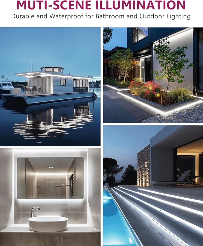 EMITEVER COB LED Strip Lights Waterproof IP67, 5000K White Outdoor 24V Dimmable Silicone LED Tape Lighting 16.4ft High Density, 300+LM/ft, 2400LEDs,3W/ft, UL Listed (Power Supply Not Included)